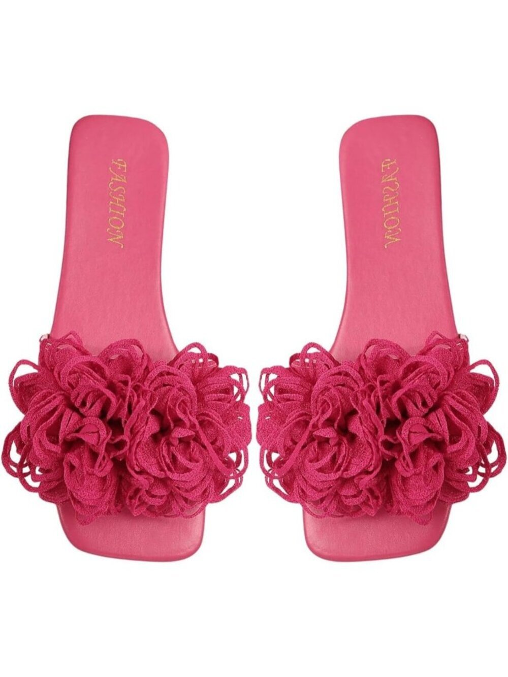 Women's 3D Floral Flat Sandals Hot Pink Square Open Toe PU Leather Slip on Slide